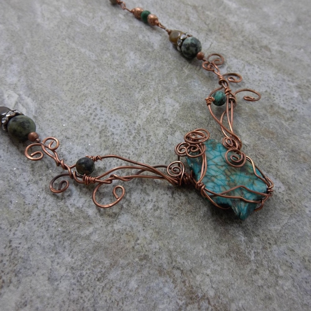 Handcrafted copper wire and turquoise necklace